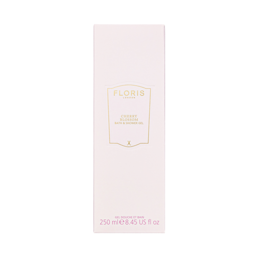 Floris London UK Cherry Blossom - Bath & Shower Gel, 250ml, in a light pink box on a white background.