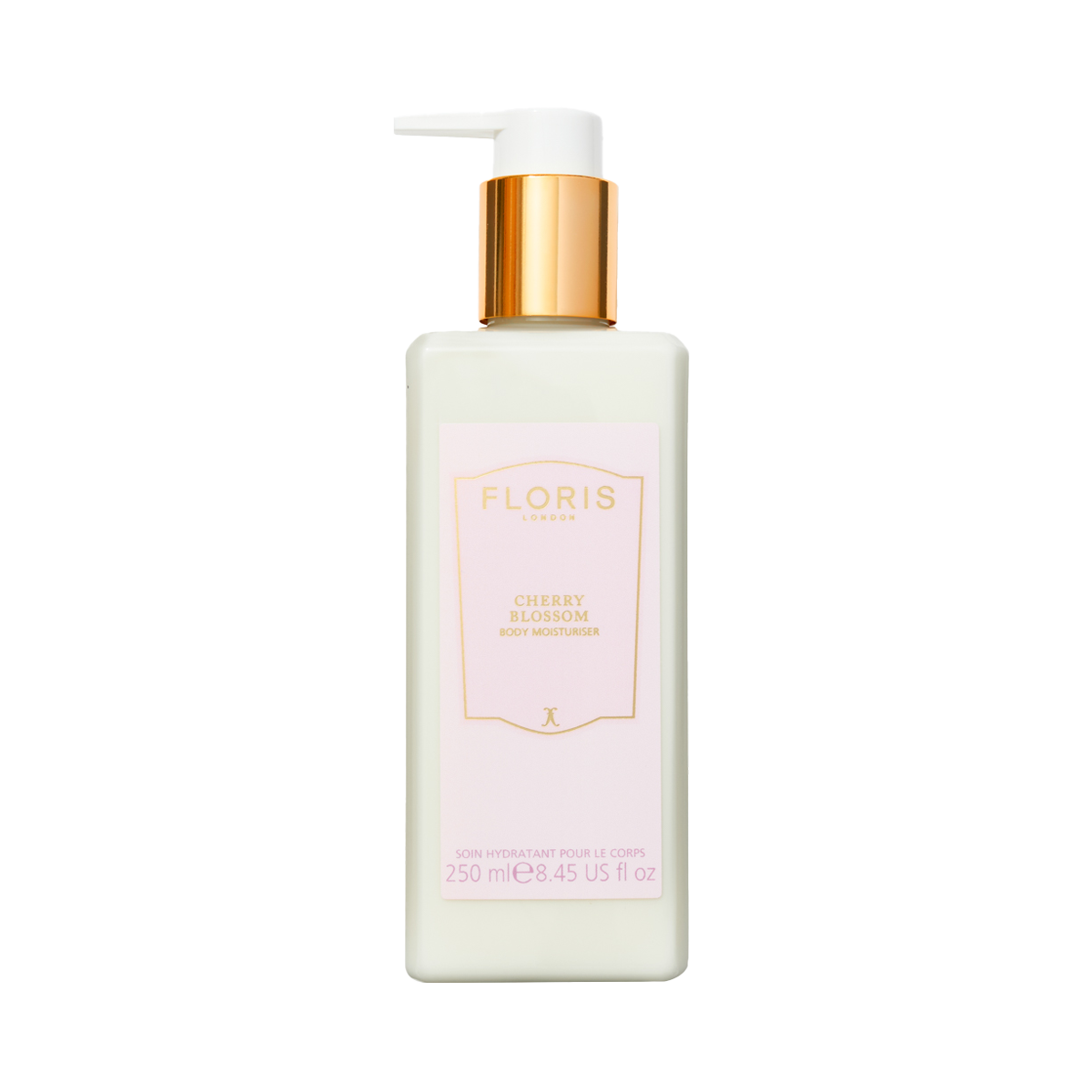A white bottle of Floris London UK Cherry Blossom - Enriched Body Moisturiser with a gold pump dispenser.