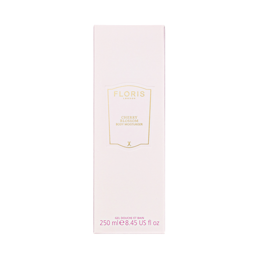 A pale pink 250ml Floris London UK Cherry Blossom - Enriched Body Moisturiser box with gold and red text.