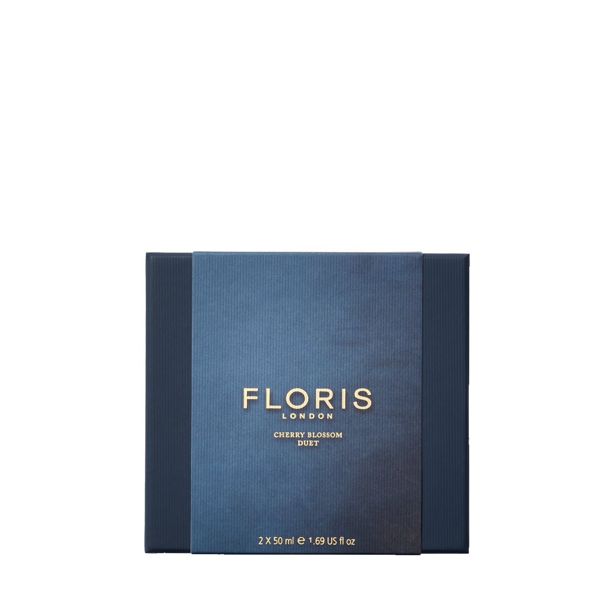 Floris London's "Cherry Blossom Duet" gift set in dark blue features two 50ml bottles, exuding refined intensity against a plain background.