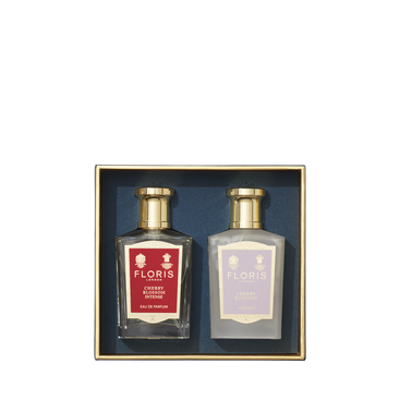 Discover the Floris London Cherry Blossom Duet gift set: two exquisite perfumes, Cherry Blossom Intense and Eau de Parfum, beautifully boxed.