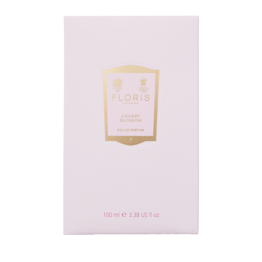 Floris London's Cherry Blossom Eau de Parfum, features a white box with gold accents, 100 ml.