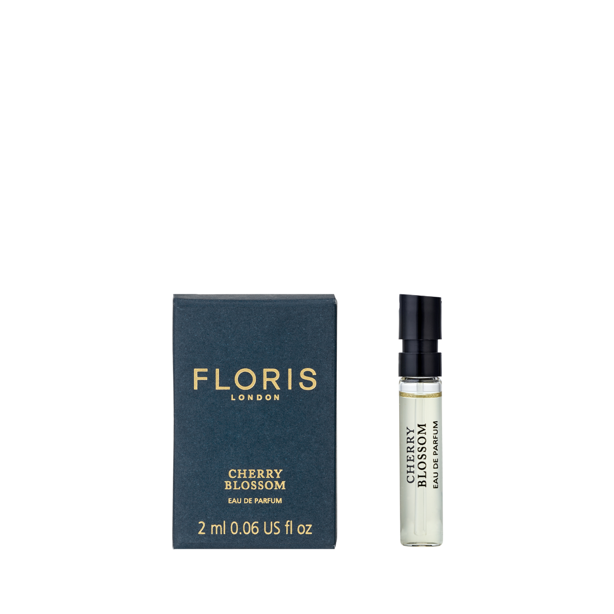 A 2ml Floris London Cherry Blossom - Eau de Parfum sample vial stands by its box, highlighting this elegant sakura-inspired floral fragrance.