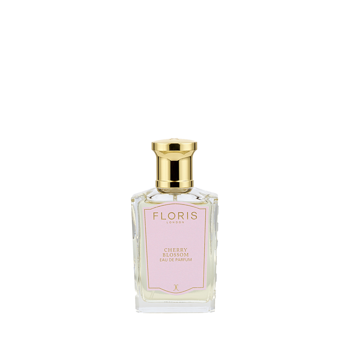 A clear glass bottle of Floris London Cherry Blossom - Eau de Parfum, with a gold cap and pink label, delivers a delicate Sakura-inspired floral-fruity scent.