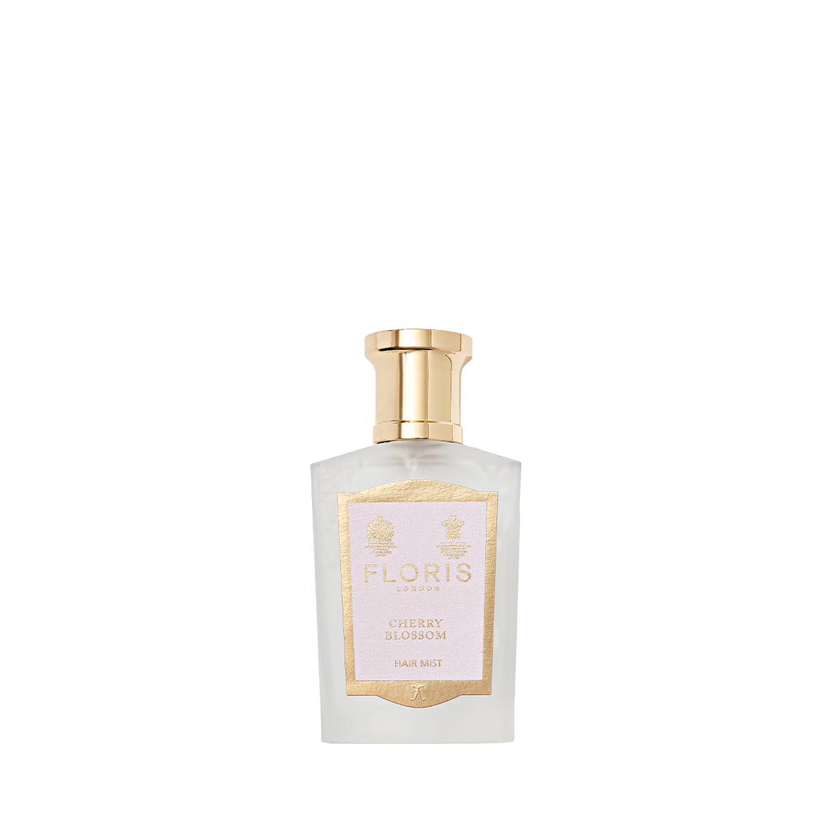 Floris London's Cherry Blossom Hair Mist 50ml comes in a clear glass bottle with gold cap and label, enriched with Panthenol Pro-Vitamin B5.
