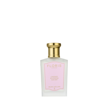 Floris London Cherry Blossom - Hair Mist 50ml in a clear bottle with a gold cap and pink label, shown against a plain white background.