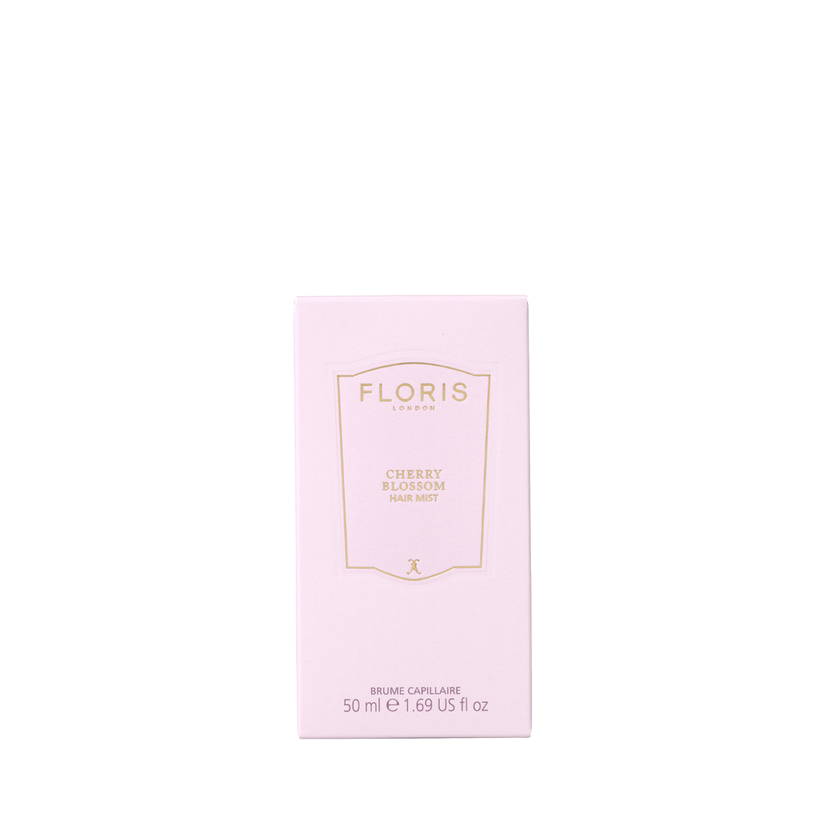 A Floris London Cherry Blossom - Hair Mist 50ml box in light pink with gold accents is shown against a plain white background.