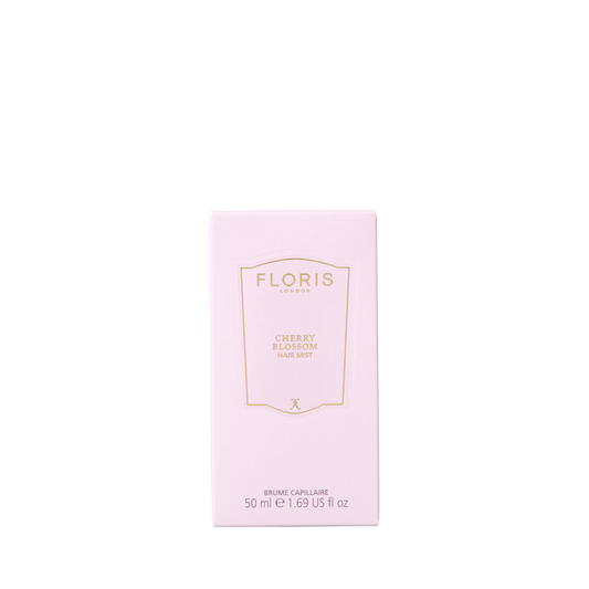 A Floris London Cherry Blossom - Hair Mist 50ml box in light pink with gold accents is shown against a plain white background.