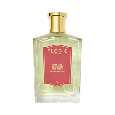 Gold-capped clear glass bottle with red Floris London label for Cherry Blossom Intense Eau de Parfum.