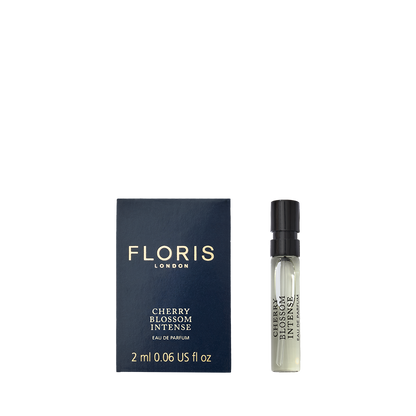 Dark blue box and small bottle of Floris London's Cherry Blossom Intense - Eau de Parfum, 2ml.
