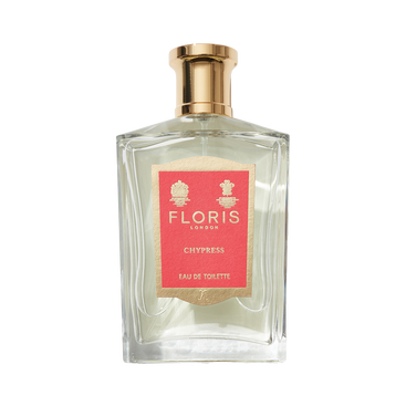 Perfume bottle with a gold cap, red label from Floris London featuring "Chypress - Eau de Toilette," infused with bergamot zest.