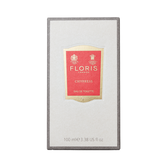Floris London Chypress Eau de Toilette, 100 ml (3.38 US fl oz), floral chypre with bergamot zest, in a gold and red labeled box.