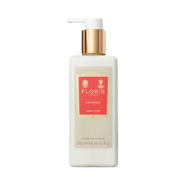 Floris London's Chypress Luxury Hand Lotion (250ml) includes vitamin E and sweet almond oil, perfect for dry skin, with a pump dispenser and elegant gold cap.