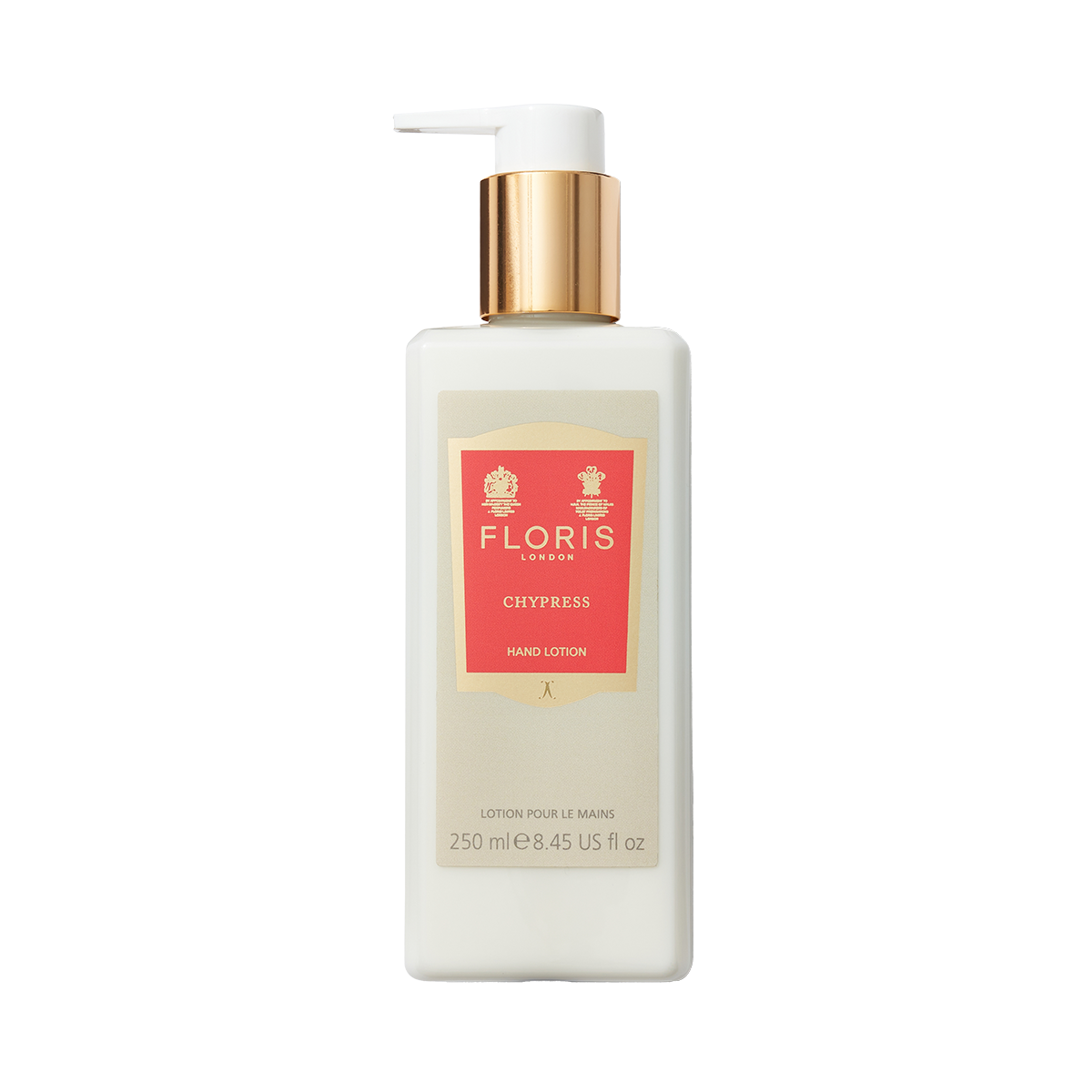 Floris London's Chypress Luxury Hand Lotion (250ml) includes vitamin E and sweet almond oil, perfect for dry skin, with a pump dispenser and elegant gold cap.