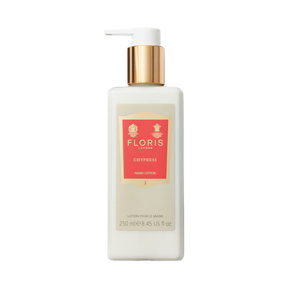 Floris London's Chypress Luxury Hand Lotion (250ml) includes vitamin E and sweet almond oil, perfect for dry skin, with a pump dispenser and elegant gold cap.
