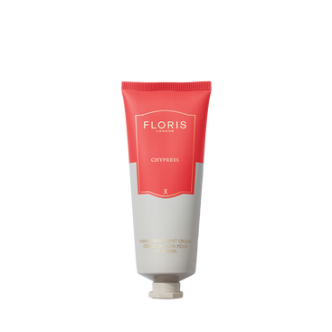 A 75ml tube of Floris London's Chypress Hand Treatment Cream, featuring a red and gray design and enriched with natural oils.