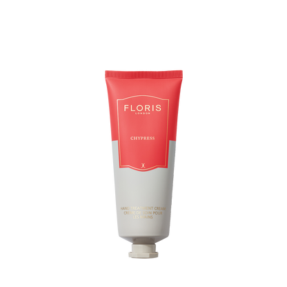A 75ml tube of Floris London's Chypress Hand Treatment Cream, featuring a red and gray design and enriched with natural oils.
