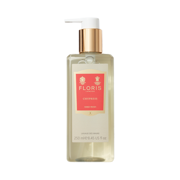 Floris London's Chypress Luxury Hand Wash 250ml features olive-derived ingredients and a gold pump.