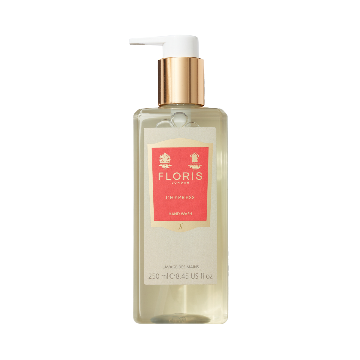 Floris London's Chypress Luxury Hand Wash 250ml features olive-derived ingredients and a gold pump.
