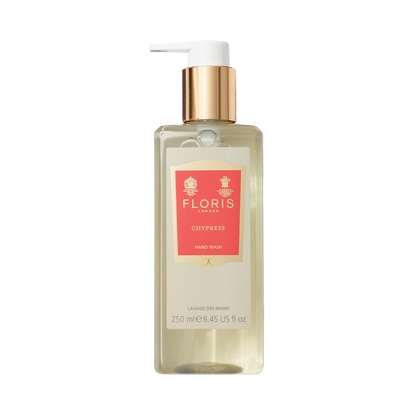 Floris London's Chypress Luxury Hand Wash 250ml features olive-derived ingredients and a gold pump.