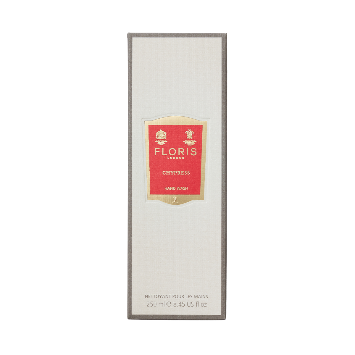 Floris London's Chypress Luxury Hand Wash, enriched with olive-based ingredients, comes in a 250 ml bottle with a striking red label.