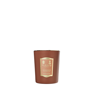 Bronze Floris London candle with a gold label, featuring the "Cinnamon & Tangerine" fragrance, scented candle 175g.
