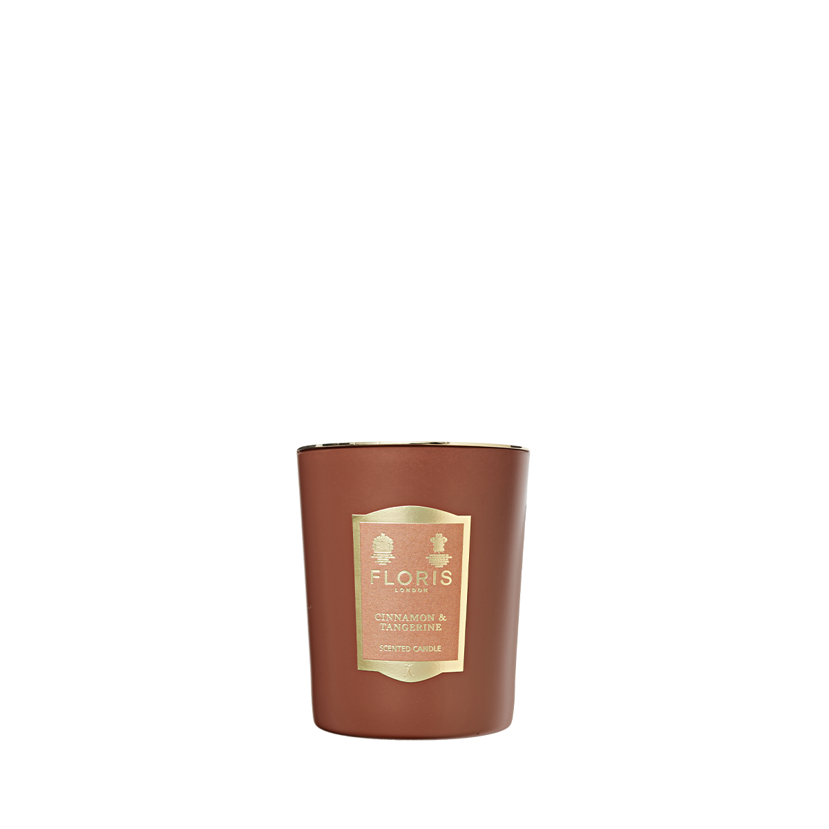 Bronze Floris London candle with a gold label, featuring the "Cinnamon & Tangerine" fragrance, scented candle 175g.