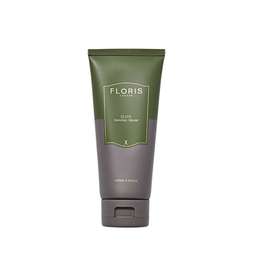 Green and gray tube of Floris London UK Elite Shaving Cream, designed for luxury grooming, shown upright against a white background.
