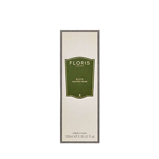 Floris London UK Elite Shaving Cream, 100ml rectangular box with a green and gold label, offers a soothing luxury grooming experience.