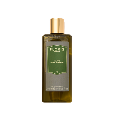 Floris London's Elite Bath & Shower Gel, 250ml, in a green and gold bottle, enriched with olive oil and woody green notes.