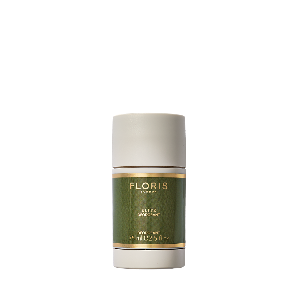 A 75ml green and gold Floris London Elite deodorant stick, perfect for sensitive skin with a white cap. It's alcohol and aluminum-free for gentle care.