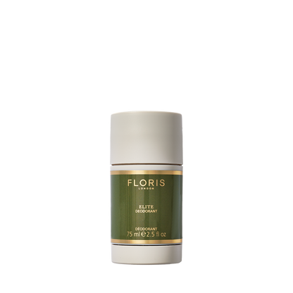 A 75ml green and gold Floris London Elite deodorant stick, perfect for sensitive skin with a white cap. It's alcohol and aluminum-free for gentle care.