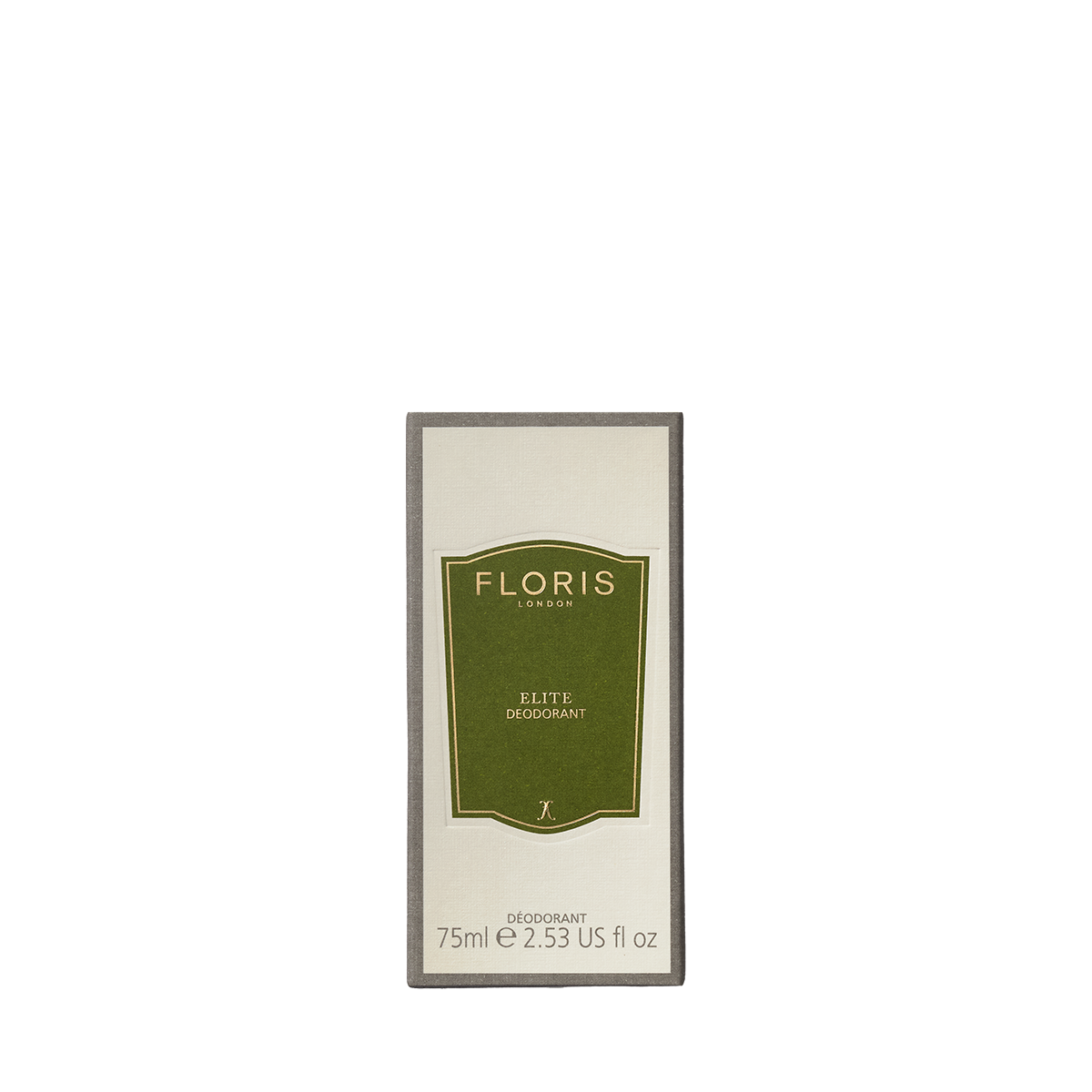 Floris London's Elite 75ml deodorant stick, green and beige box, antibacterial and designed for sensitive skin.