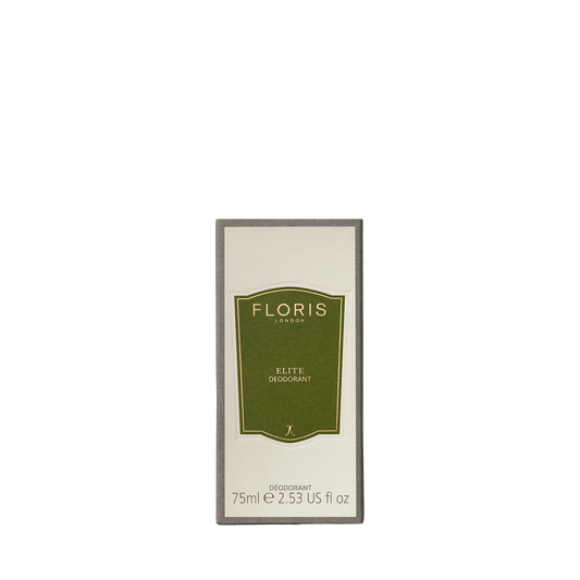 Floris London's Elite 75ml deodorant stick, green and beige box, antibacterial and designed for sensitive skin.