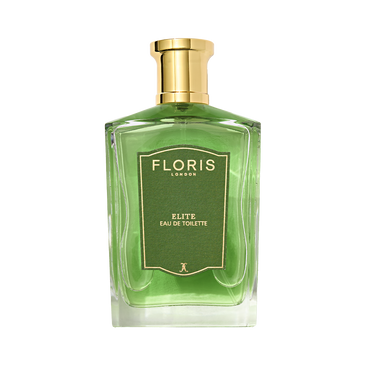 Floris London's Elite Eau de Toilette features a gold cap, green liquid, and rich woody notes for a distinguished fragrance experience.