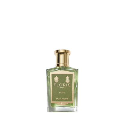 The green bottle with a gold cap, labeled "Floris London Elite - Eau de Toilette," offers a captivating fragrance with subtle woody notes.