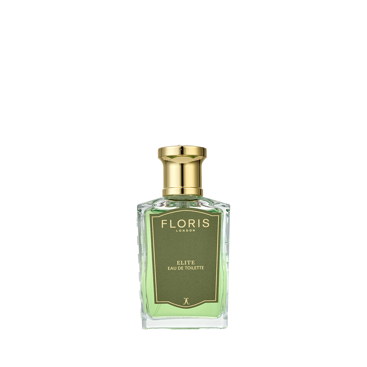 A clear glass bottle of Floris London Elite - Eau de Toilette, a woody fragrance with gold cap, green label, and light green liquid.