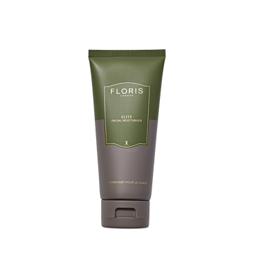 A green tube of Floris London UK Elite Moisturiser stands upright, providing hydration and antioxidant protection against a white background.