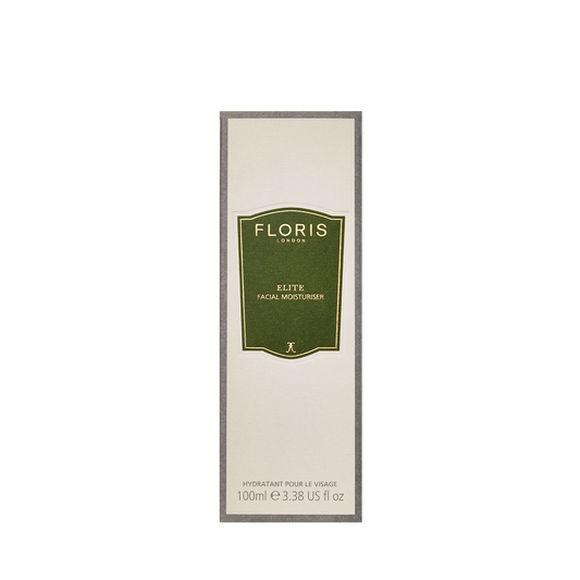 Floris London UK's Elite Facial Moisturiser, 100ml, in a beige box with green-gold label, hydrates skin and provides antioxidant protection.