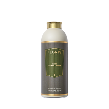 A 100g bottle of Floris London's Elite Fragrance Powder, featuring a gold cap, green label, and soothing aloe vera for skin protection.
