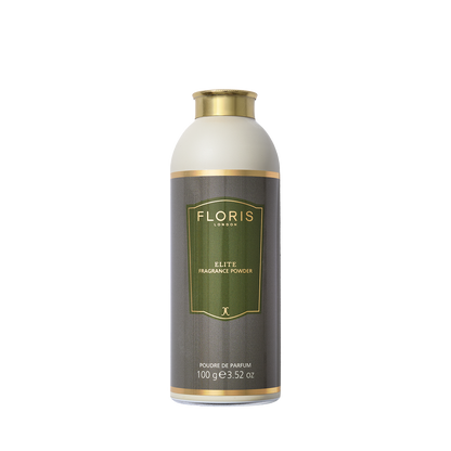 A 100g bottle of Floris London's Elite Fragrance Powder, featuring a gold cap, green label, and soothing aloe vera for skin protection.