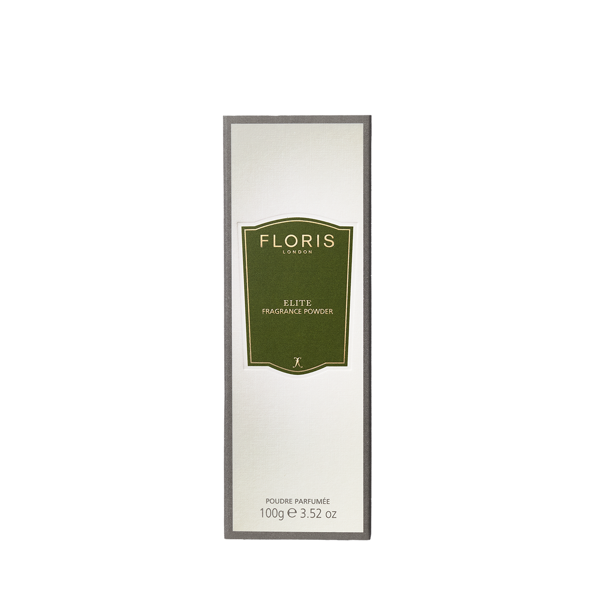 Floris London's Elite Fragrance Powder, 100g with aloe vera, features a soothing green and white label.
