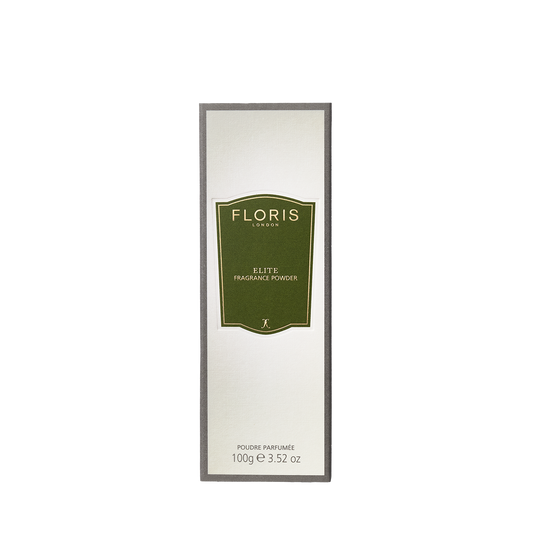 Floris London's Elite Fragrance Powder, 100g with aloe vera, features a soothing green and white label.