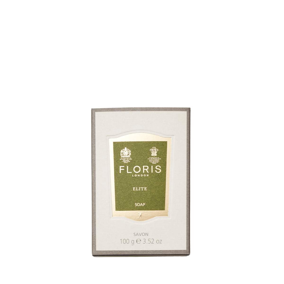 Floris London's Elite Soap, 100g, features a green label on white and offers a luxurious creamy lather enriched with shea butter for premium skin care.