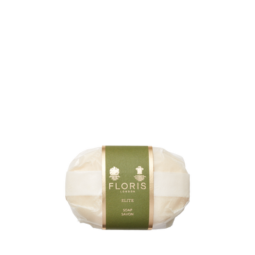 A Floris London Elite Soap bar, enriched with shea butter, wrapped in paper with a green label.