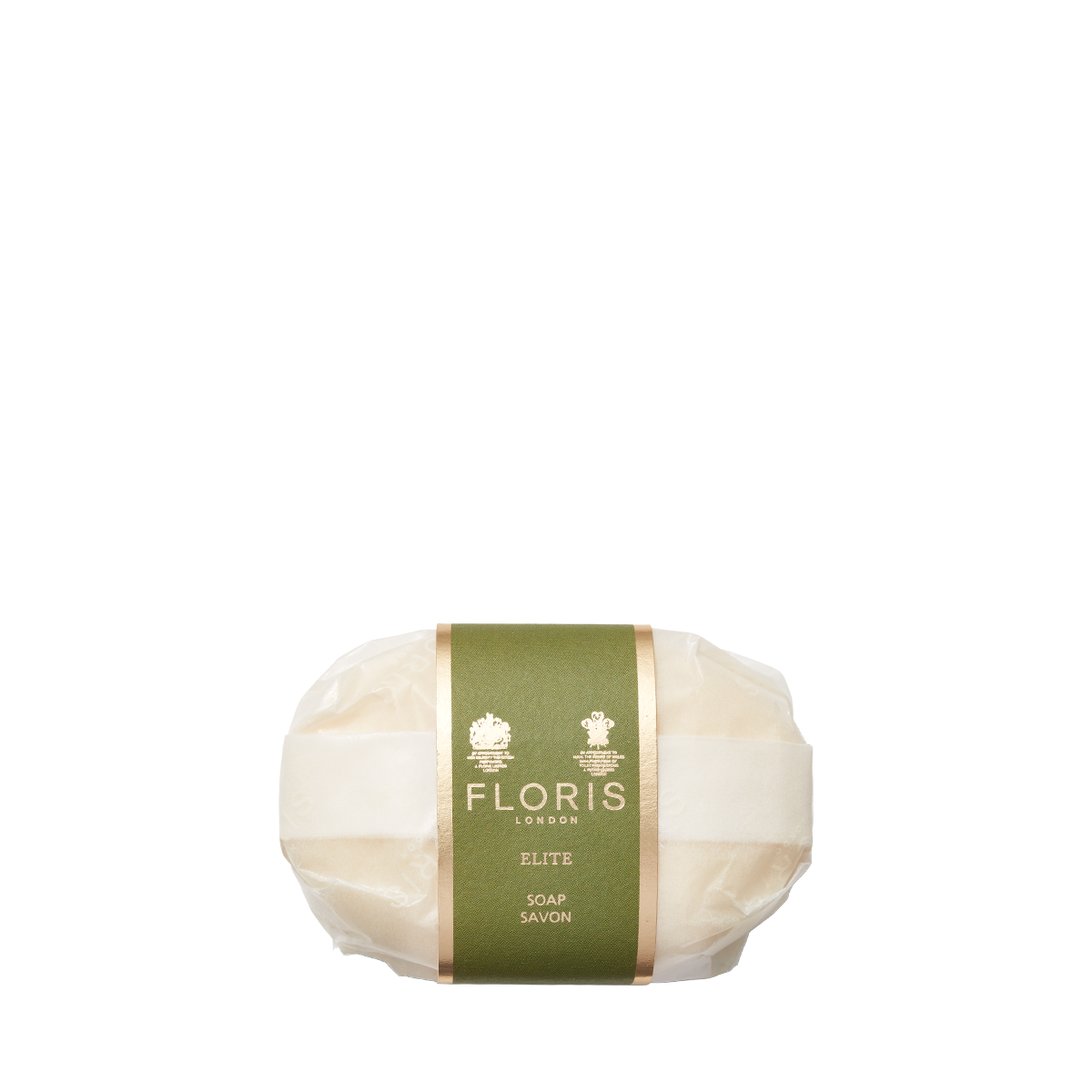 A Floris London Elite Soap bar, enriched with shea butter, wrapped in paper with a green label.