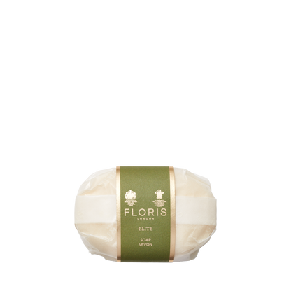 A Floris London Elite Soap bar, enriched with shea butter, wrapped in paper with a green label.