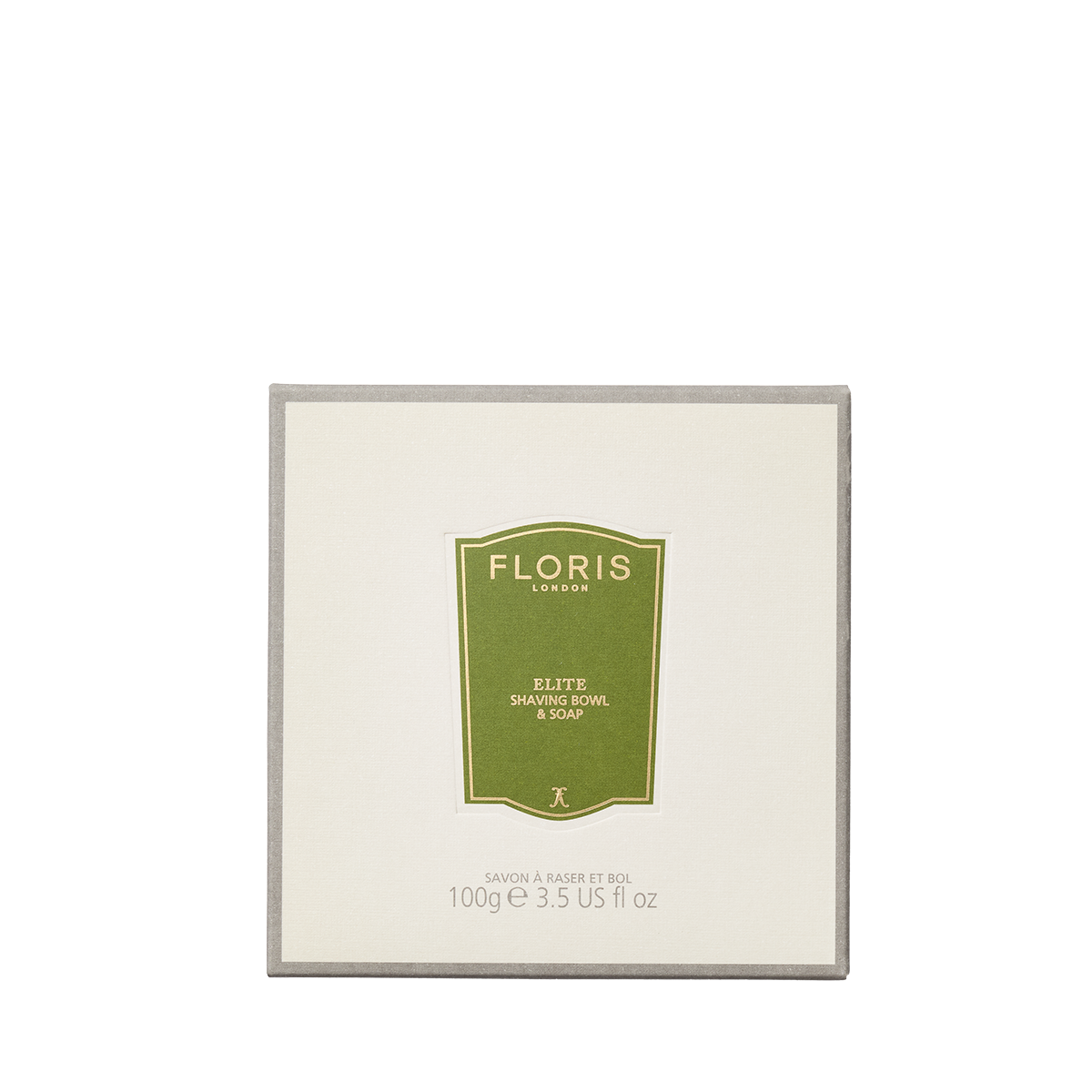 A square box of Floris London's Elite Shaving Soap & Bowl, with a green and gold label on a white background.