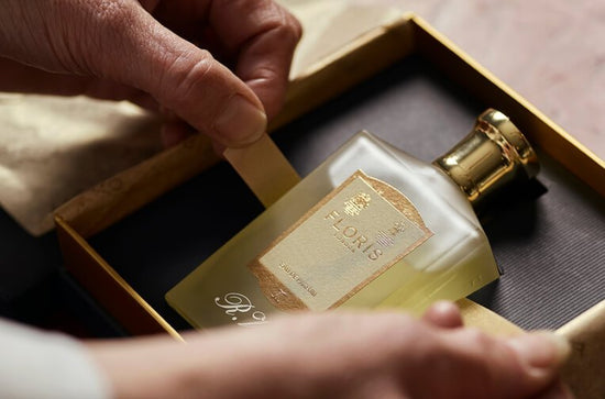 Floris Bespoke engraved bottle wrapped up in a beautiful presentation box