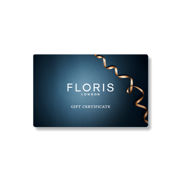 A Floris London UK Gift Card featuring a blue background and a gold ribbon along the right edge.